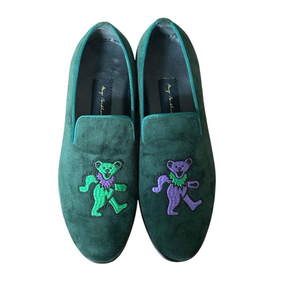 Green Suede Loafers with Embroidered Bears